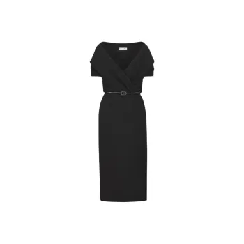 DIOR Wraparound Mid Length Dress Black Wool Crepe Short Sleeved Dress Women's Black