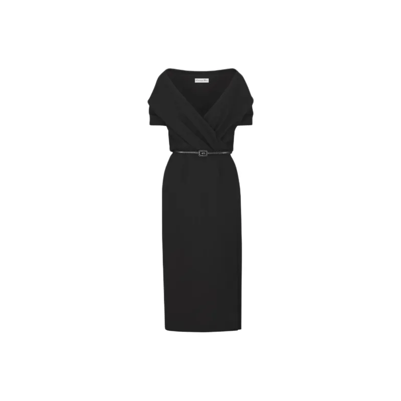 DIOR Wraparound Mid Length Dress Black Wool Crepe Short Sleeved Dress Women's Black-0