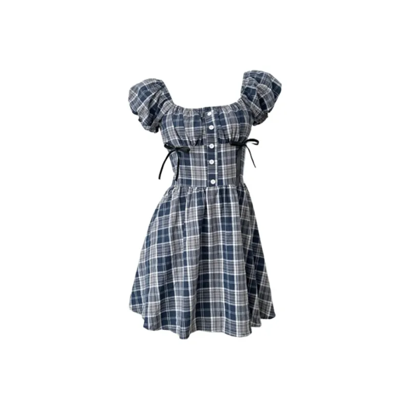 BEAUTIFUL CONFESSION Short Sleeved Dress Women's Blue Plaid-0