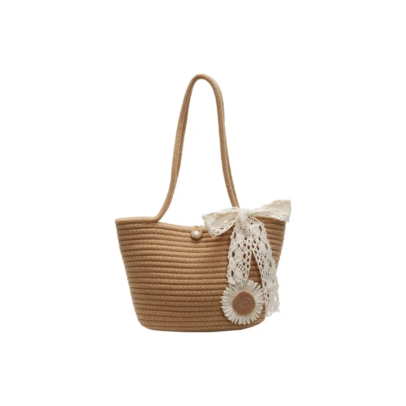 WXRX Chunky Yarn Woven Shoulder Bag Women's Ecru Floral/Khaki Floral/Ecru Bear/Khaki Bear-6