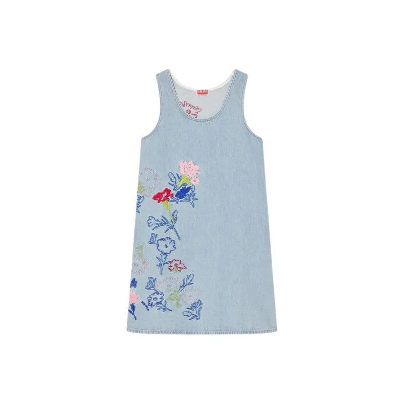 KENZO Floral Patterned Crewneck Denim Dress-0