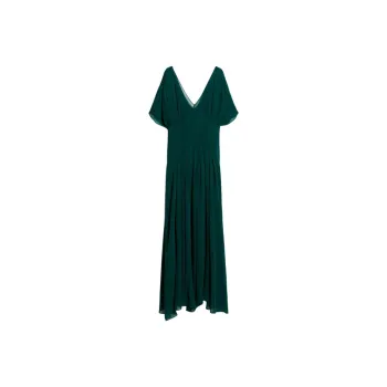 MaxMara Studio Murge Collection Long Silk Georgette Dress Short Sleeved Dresses Women's Dark Green