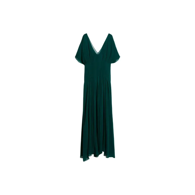 MaxMara Studio Murge Collection Long Silk Georgette Dress Short Sleeved Dresses Women's Dark Green-0