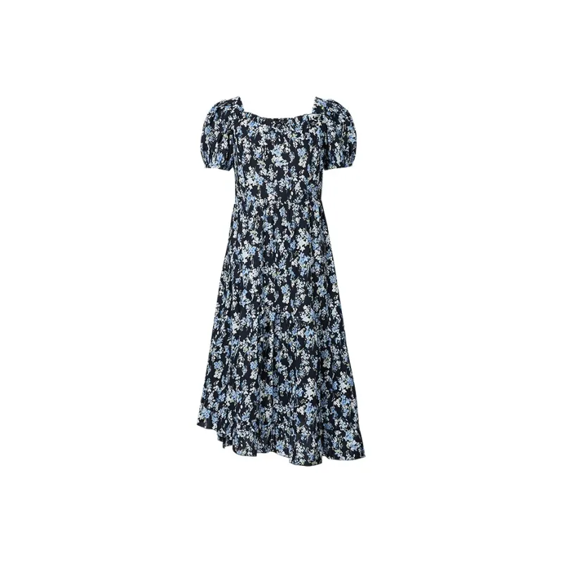 Hopeshow Short Sleeved Dress Women's Navy Blue Flower 614-0