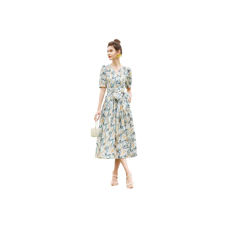 TOUCH Short-Sleeved Dresses Women's White Base Yellow Green Multicolor-0