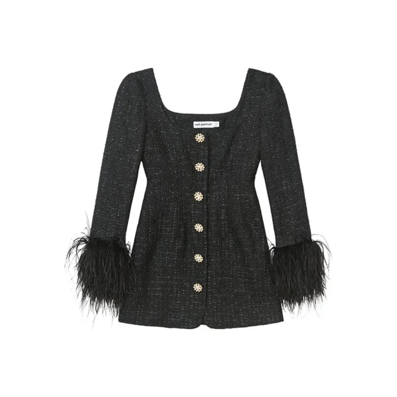 Self portrait Feather detailed Bouclé Minidress-0