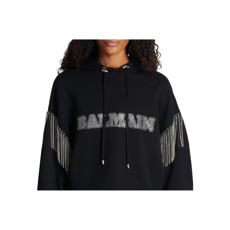 BALMAIN Embellished Cropped Hoodie 'Black/Crystal'-4