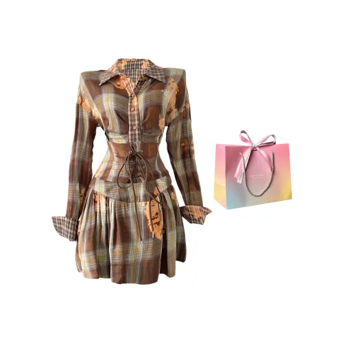 UNION REMOVE Long-Sleeved Dresses Women's Tie-Dye Brown Plaid