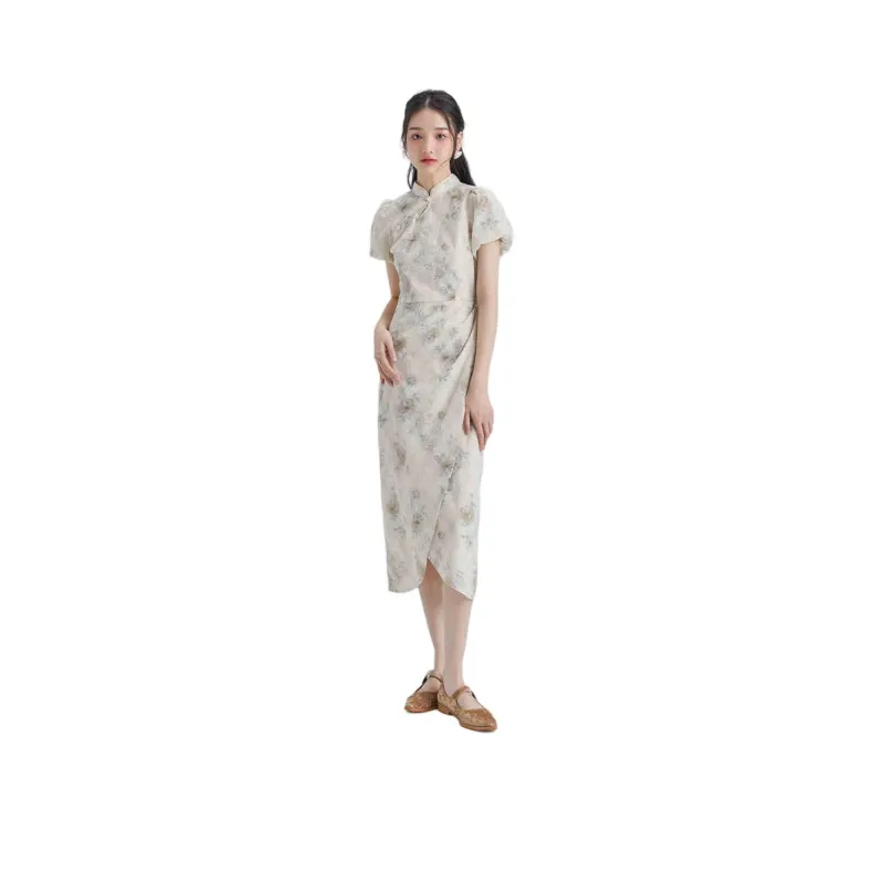 DEAR DEER PUFF Short Sleeved Dress Women's Long Cheongsam-0