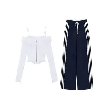 DOSOHEB Casual Suit Women's White Top/Navy Blue Pants