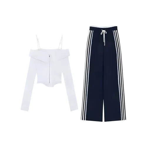 DOSOHEB Casual Suit Women's White Top/Navy Blue Pants