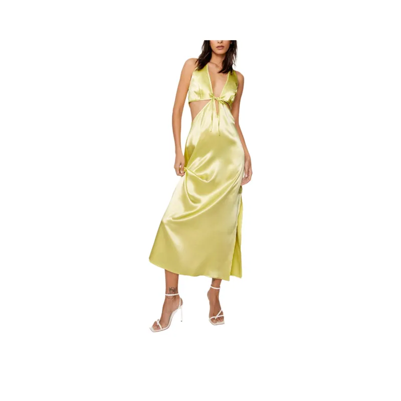 NASTY GAL Petite Satin Halterneck Cut Out Maxi Dress Sleeveless Dress Women's Lime-0