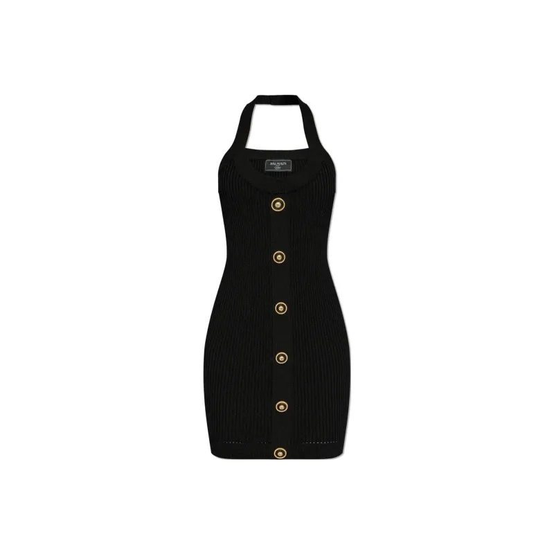 BALMAIN Halterneck Ribbed Knit Mini Dress-0
