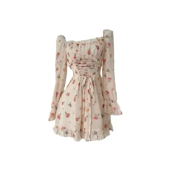 PAIN OR PLEASURE Spring Summer Long Sleeved Dresses Women's Yellow Flower