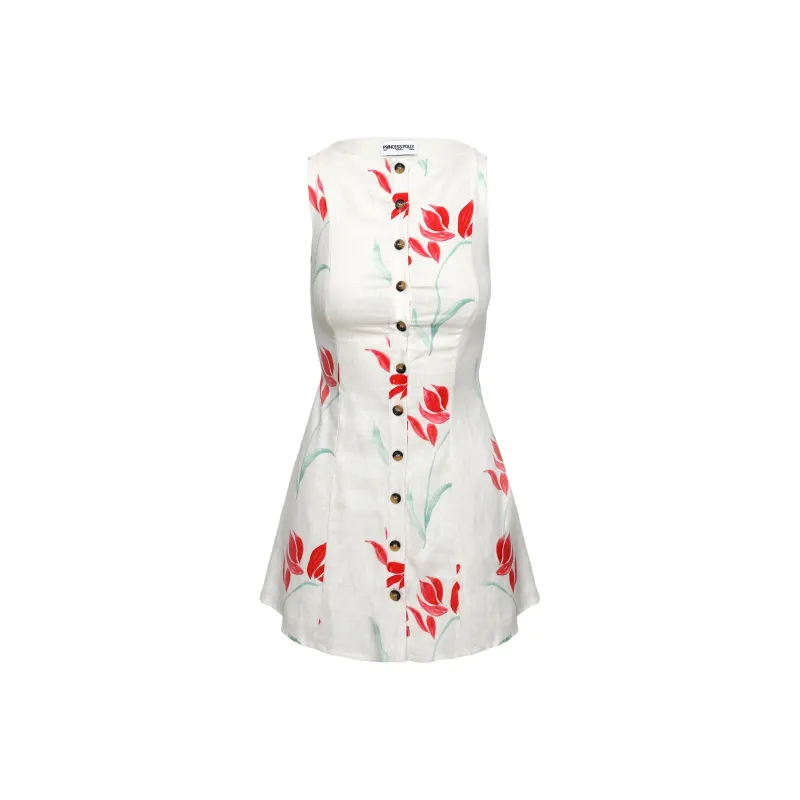 PRINCESS POLLY DOLLIE LINEN MINI DRESS Sleeveless Dress Women's White Floral-0