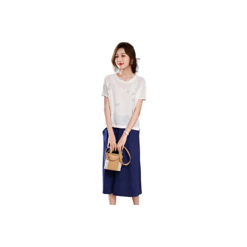 IVENI N ONE Skirt Set Womens Black White Women's Set White Short Sleeved Shirt+Blue Midi Skirt