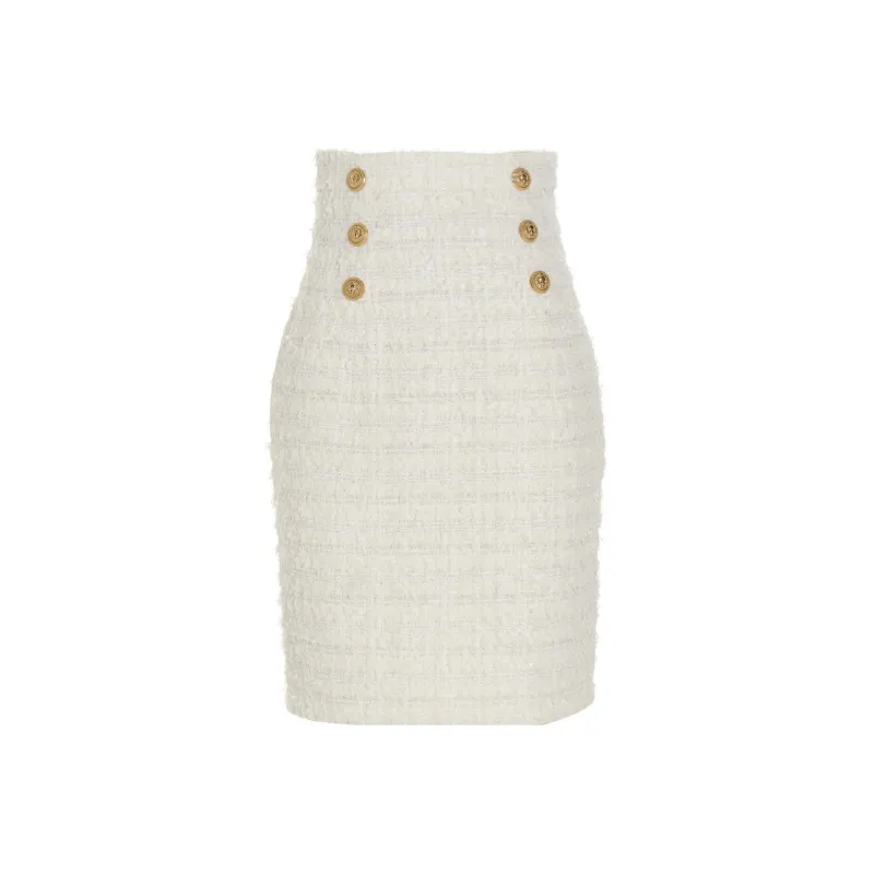 BALMAIN Button Embellished Tweed Pencil Skirt-0