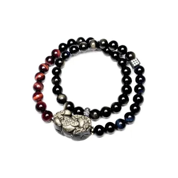 MOUNTAINS AND MANS Natural Obsidian New Chinese Style Stackable Good Luck Beaded Bracelet Men's