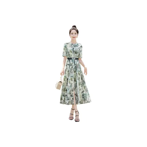 Cypress House Short Sleeved Dress Women's Beige With Blue Green Print