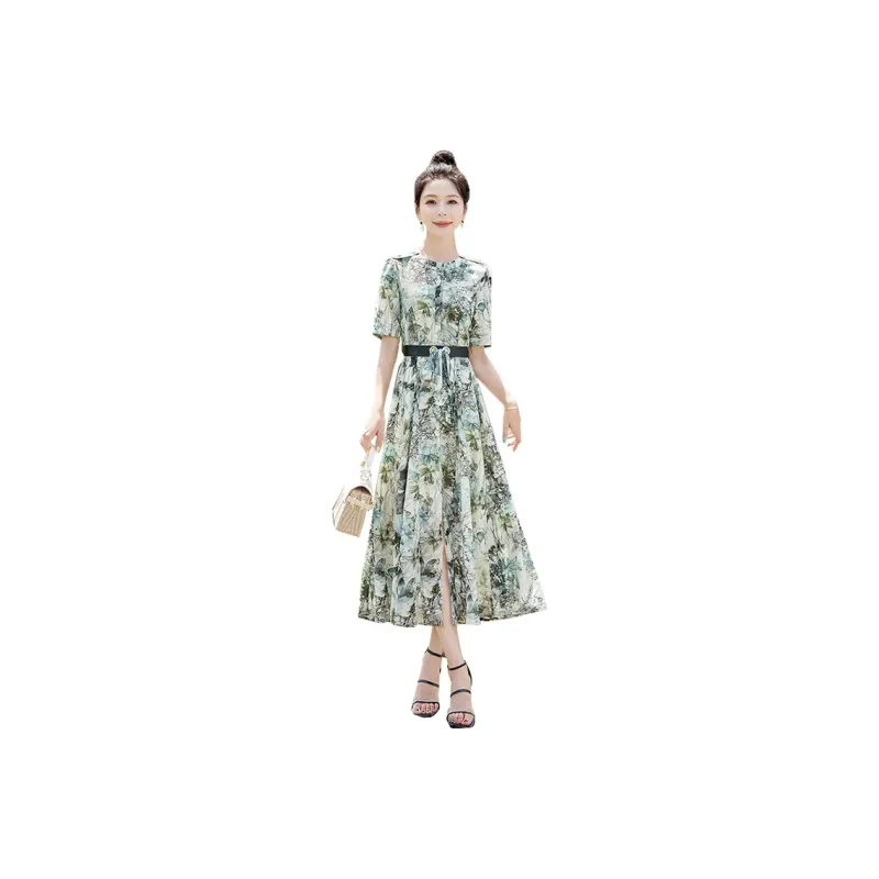 Cypress House Short Sleeved Dress Women's Beige With Blue Green Print-0