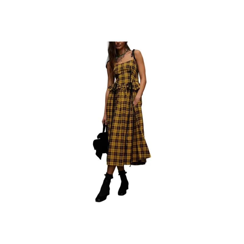FREE PEOPLE x Eliza Faulkner Tessa Checks Dress Slip Dresses Women's Yellow Plaid-0