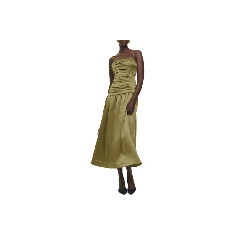 REFORMATION Zeya Satin Dress Slip Dresses Women's Olive-0