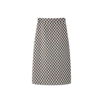 SUBEN Casual Long Skirts Women's Coffee Plaid
