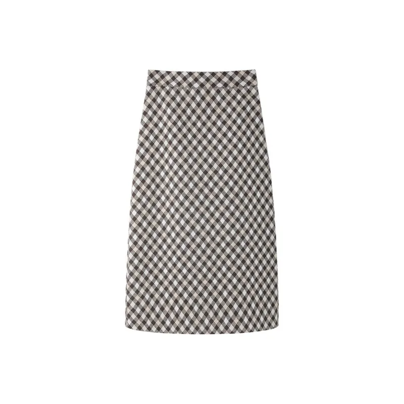 SUBEN Casual Long Skirts Women's Coffee Plaid-0