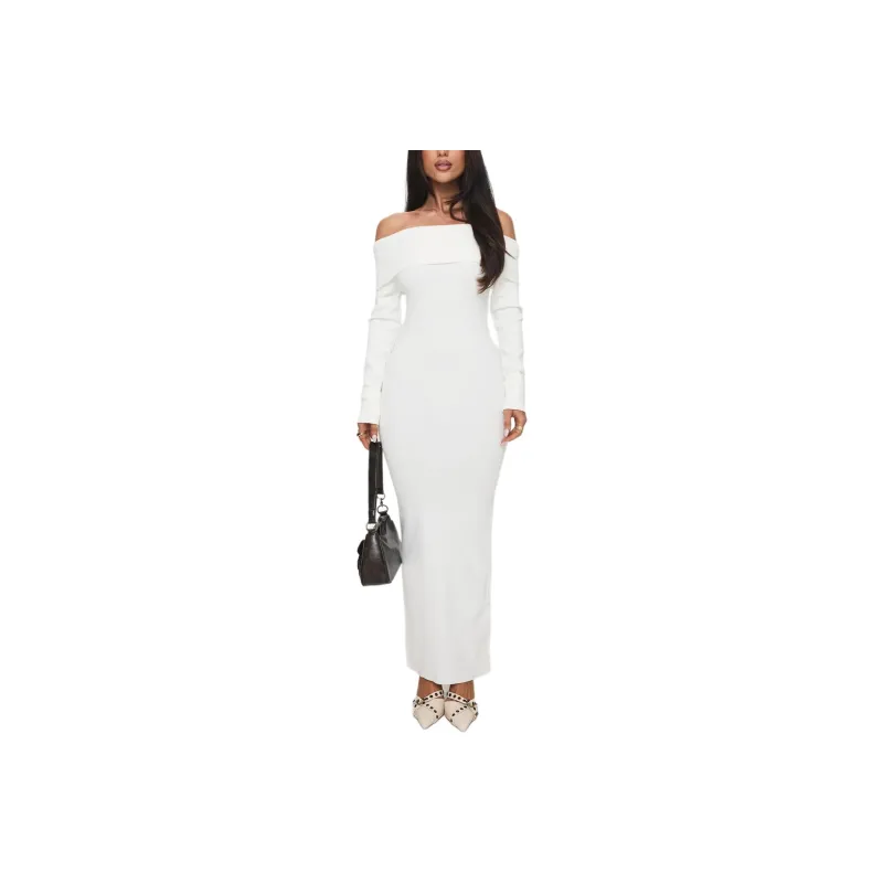 PRINCESS POLLY CELESTARA OFF THE SHOULDER MAXI DRESS Long Sleeved Dress Women's WHITE/White-0