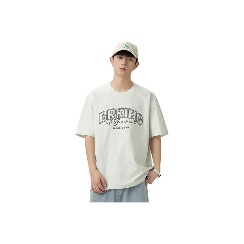 WOOD SOON Print Loose Fit Half Sleeve T Shirt Japanese Style Top Unisex-0
