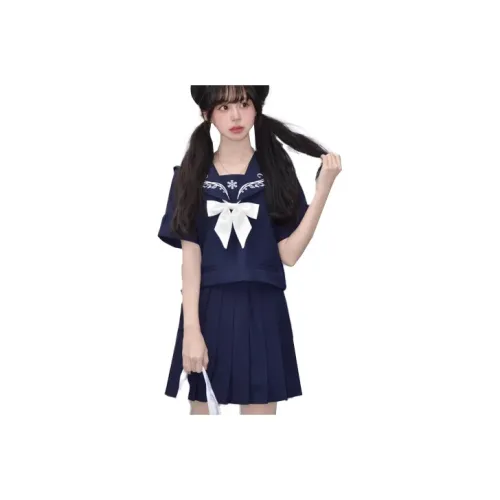 SHENBEI JK Two Piece Skirt Sets Women's Snow Velvet Dark Blue Short Sleeved Top+Skirt+Bow Tie