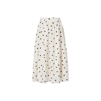 HUULOB Casual Long Skirts Women's White With Black Polka Dot