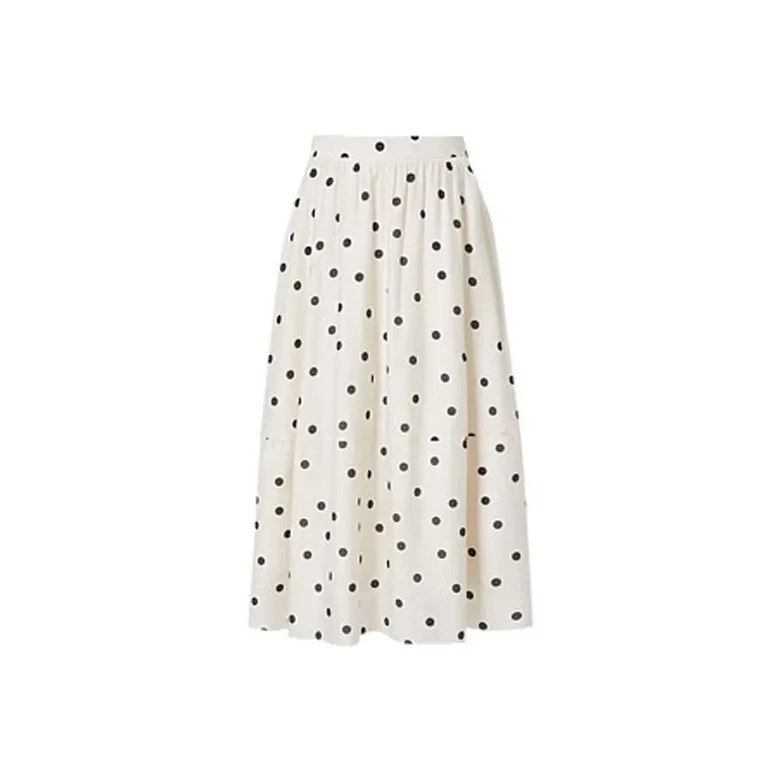 HUULOB Casual Long Skirts Women's White With Black Polka Dot-0
