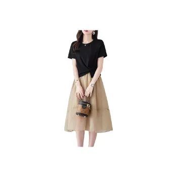 Still quiet Two Piece Skirt Sets Women's Clothing Set Black Top+Khaki Bottom