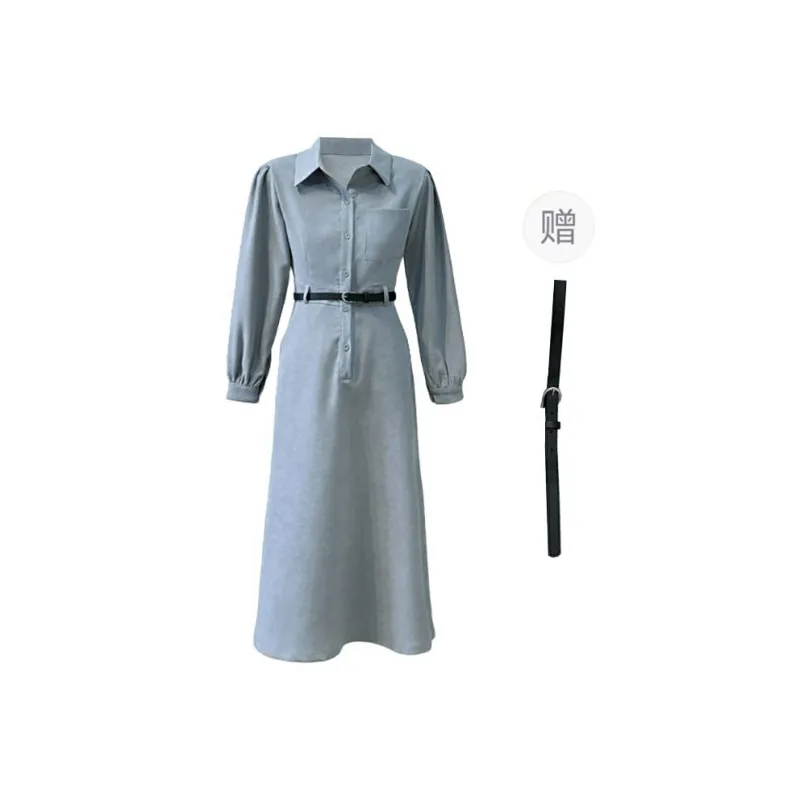 PAVEA Long Sleeved Dresses Women's Blue+Belt Comes With-0