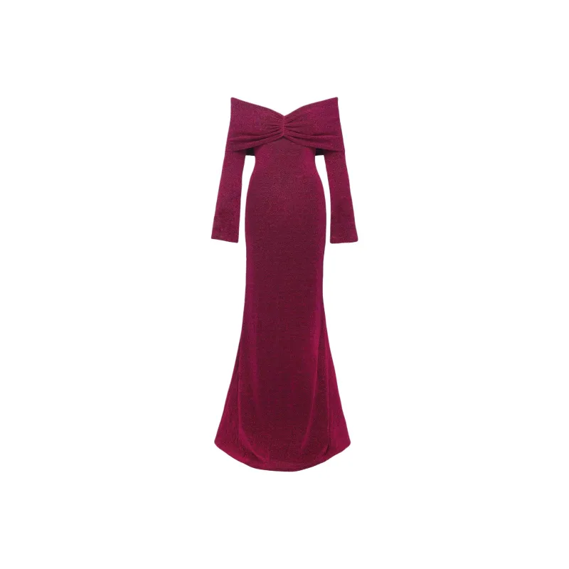 PRINCESS POLLY CECILIA OFF THE SHOULDER MAXI DRESS Long Sleeved Dresses Women's Wine/Burgundy-0