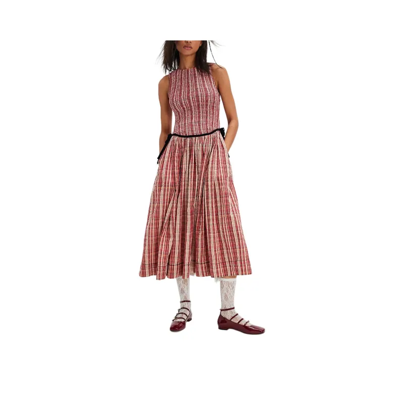 FREE PEOPLE Nightingale Plaid Midi Dress Sleeveless Dress Women's Red Combo/Red Combination-0