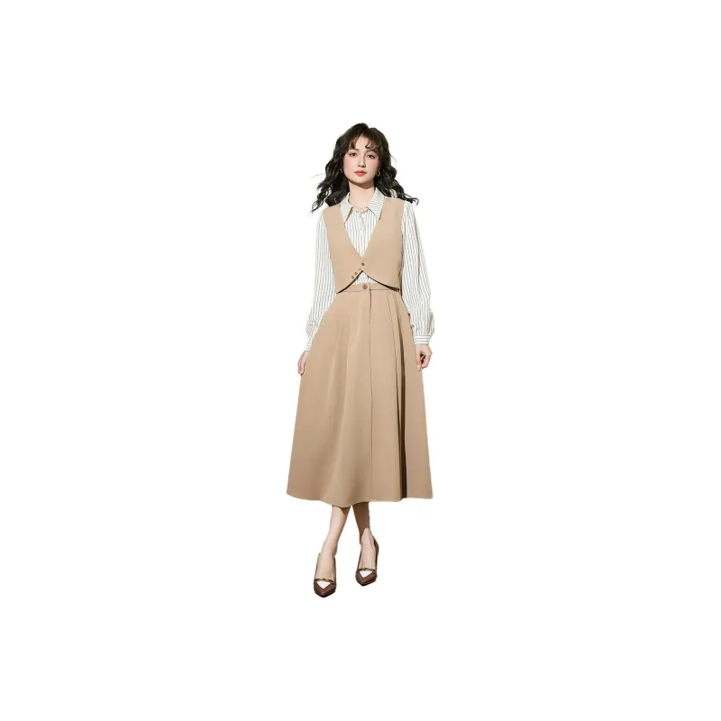 SMEN Long Sleeved Dresses Women's Khaki-0