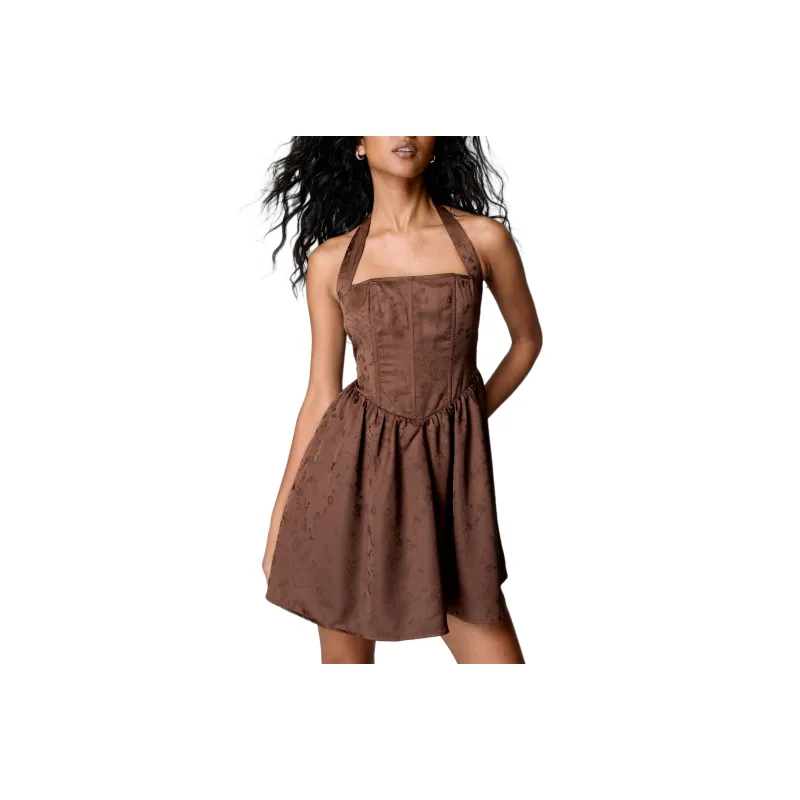 NASTY GAL Satin Floral Jacquard Halter Neck Boned Corset Mini Dress Slip Dresses Women's Chocolate-0