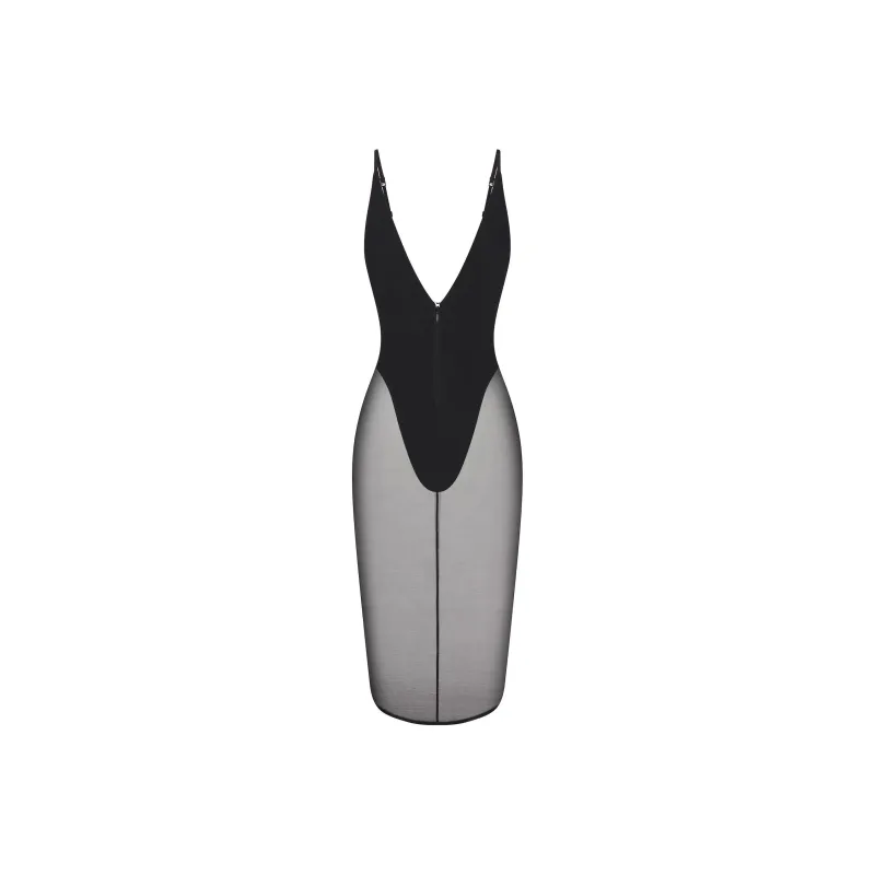 SKIMS Valentine's Day Collection SS25 BODY MESH PLUNGE MIDI DRESS Slip Dresses Women's Onyx/Agate-Colored-0