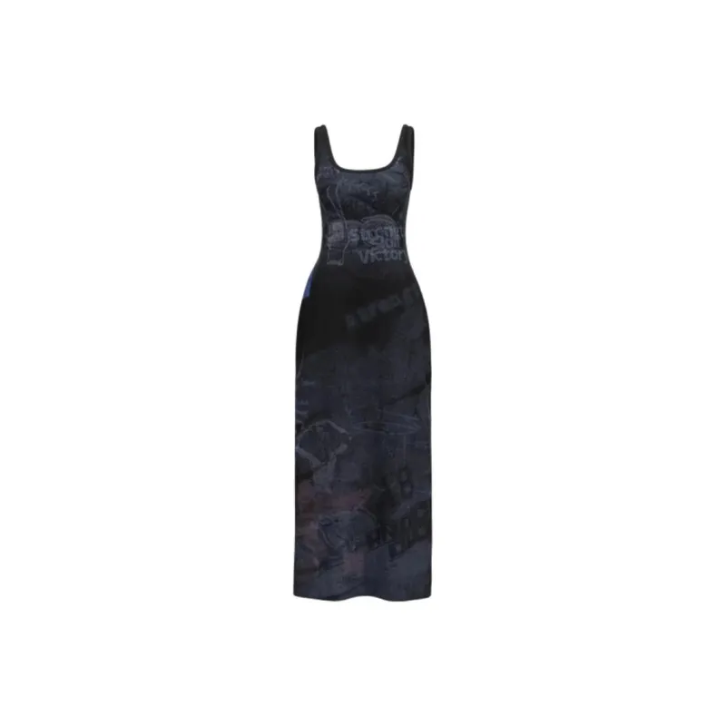 URBAN REVIVO Sleeveless Dress Women's Pitch Black Gray With Print-0