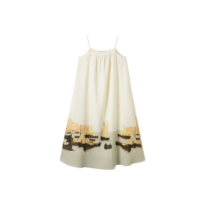 DIALOGUE Slip Dress Women's Sailboat Landscape Print-0