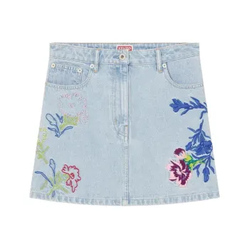 KENZO Floral Embroidered Buttoned Denim Mini Skirt