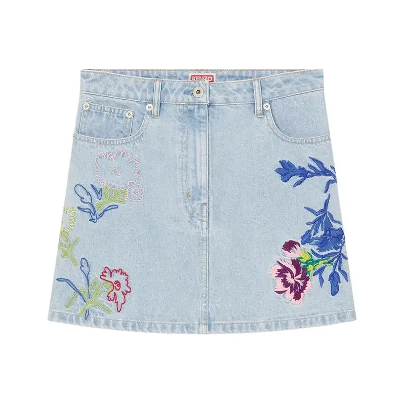KENZO Floral Embroidered Buttoned Denim Mini Skirt-0