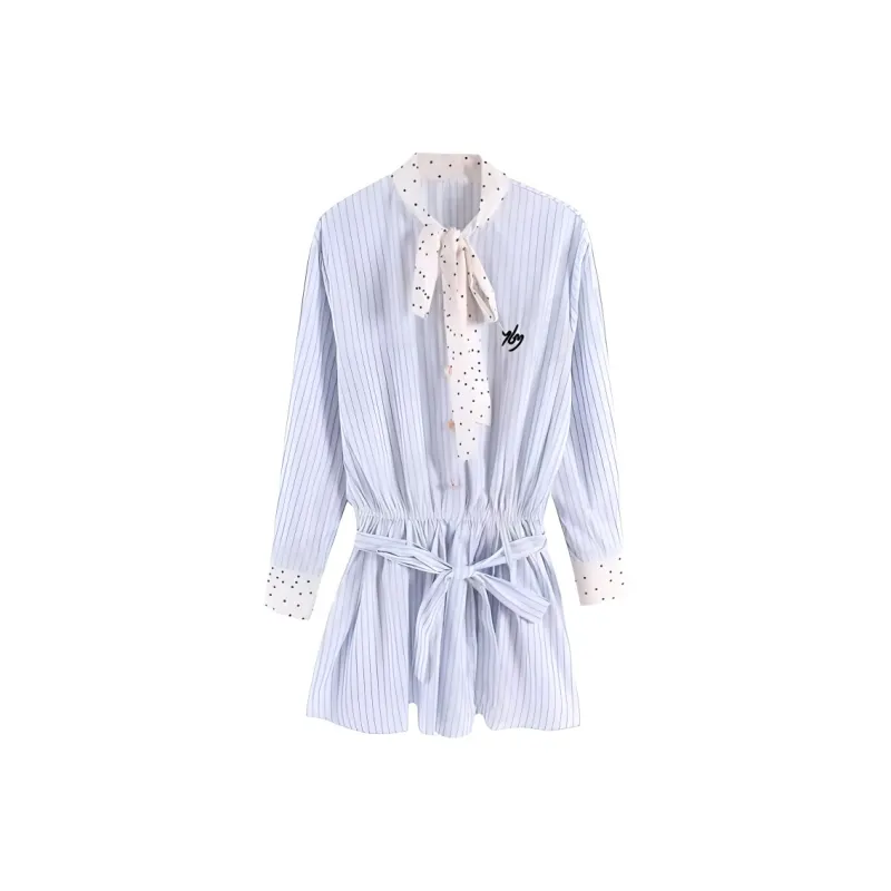 DOSOHEB Long Sleeved Dress Women's Blue Stripes Pattern-0