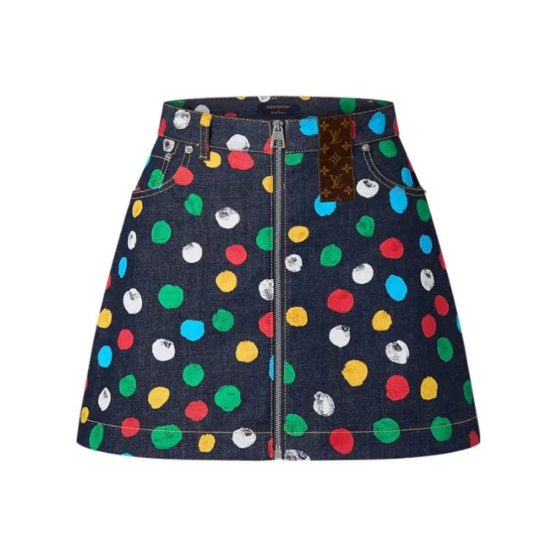 LOUIS VUITTON X Yayoi Kusama Painted Dots Denim Mini Skirt Indigo/Blue-0