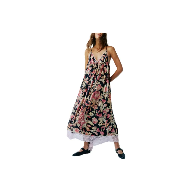 FREE PEOPLE Primmy Printed Midi Dress Slip Dresses Women's Black Combo/Black Combo-0