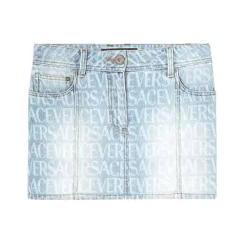 VERSACE All Over Logo Denim Skirt 'Light Blue'
