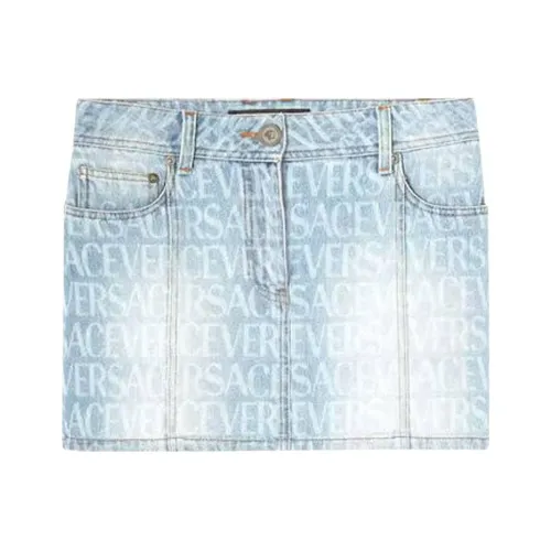 VERSACE All Over Logo Denim Skirt 'Light Blue'