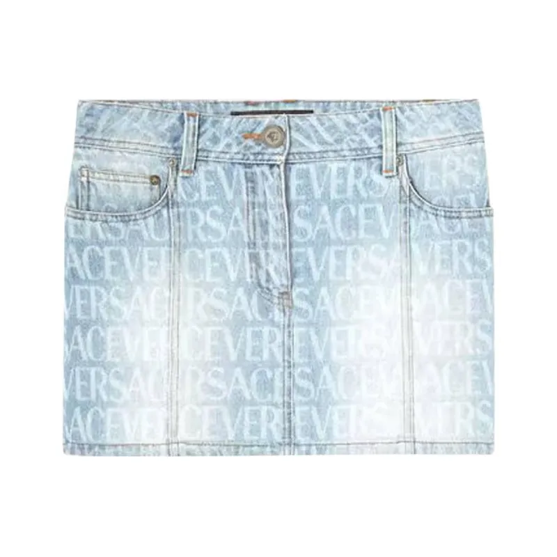 VERSACE All Over Logo Denim Skirt 'Light Blue'-0